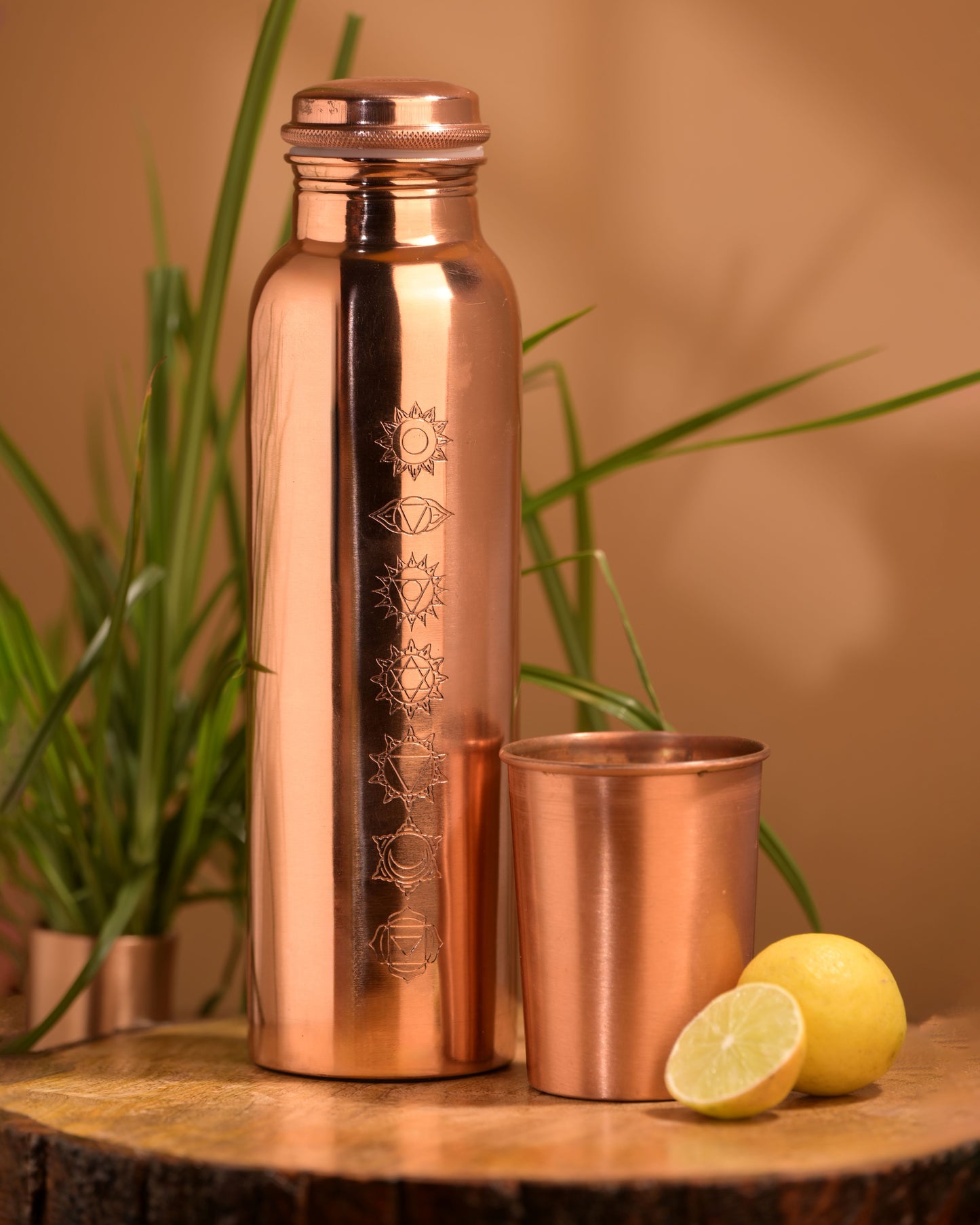 "Sapta Chakra" Yoga Copper Water Bottle - 950 ml BPA Free- Join Free and Leak Proof