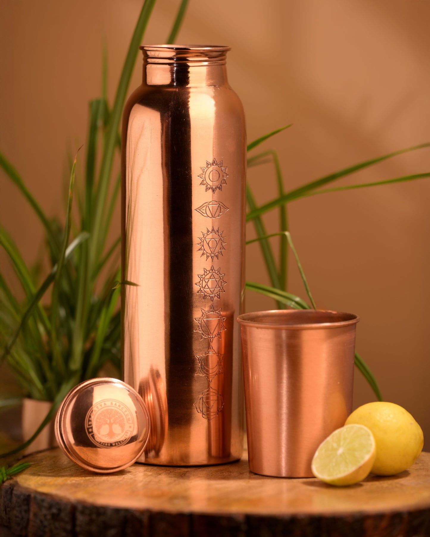 "Sapta Chakra" Yoga Copper Water Bottle - 950 ml BPA Free- Join Free and Leak Proof