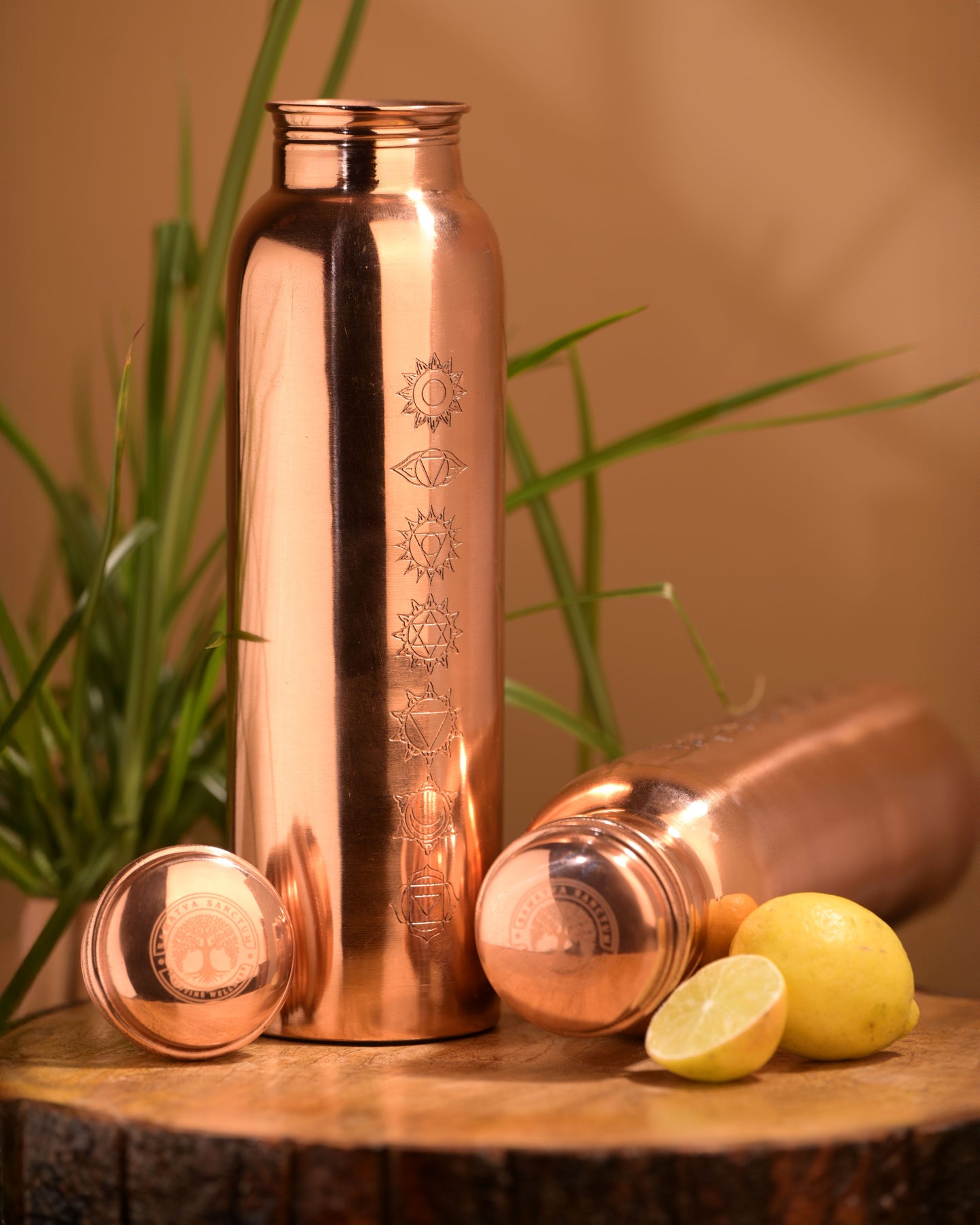 "Sapta Chakra" Yoga Copper Water Bottle - 950 ml BPA Free- Join Free and Leak Proof