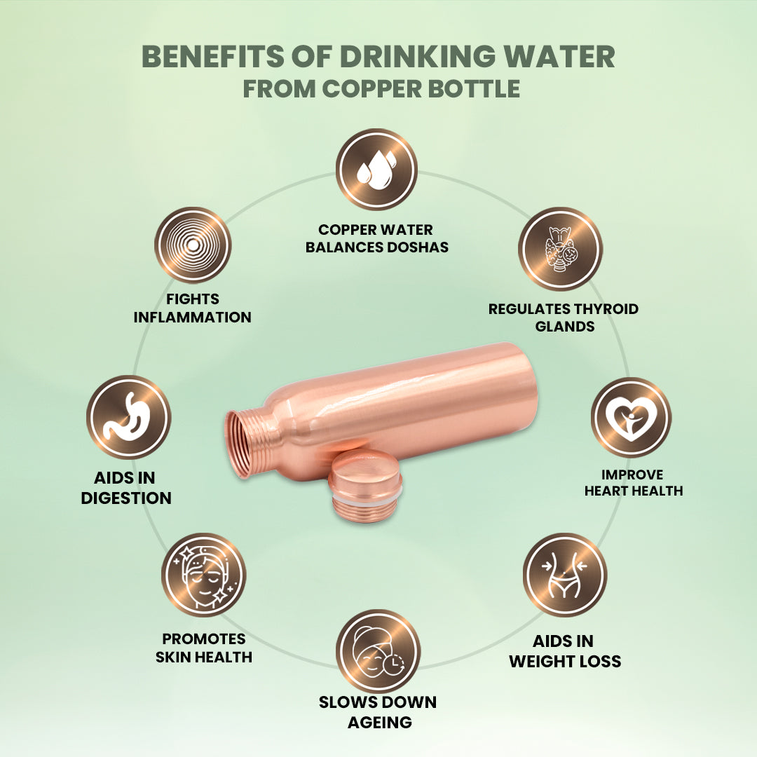 "Jal" Plain Pure Copper Water Bottle - 950 ml BPA Free- Join Free and Leak Proof