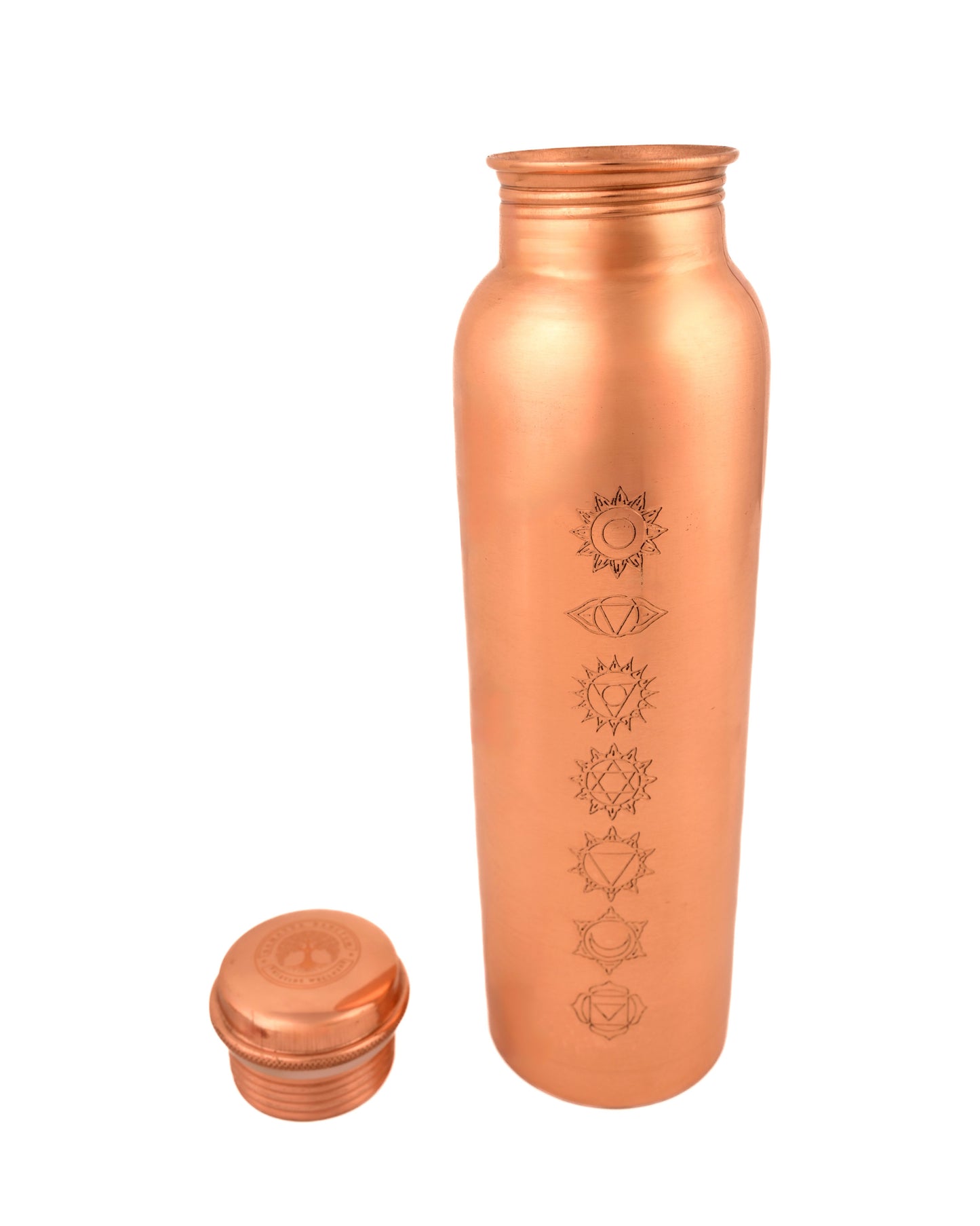 "Sapta Chakra" Yoga Copper Water Bottle - 950 ml BPA Free- Join Free and Leak Proof