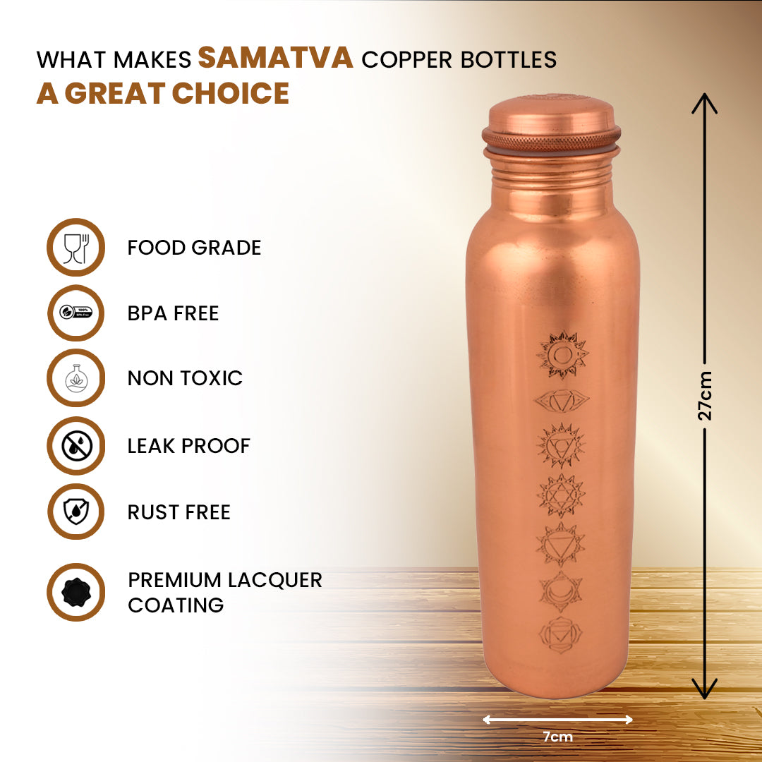 "Sapta Chakra" Yoga Copper Water Bottle - 950 ml BPA Free- Join Free and Leak Proof