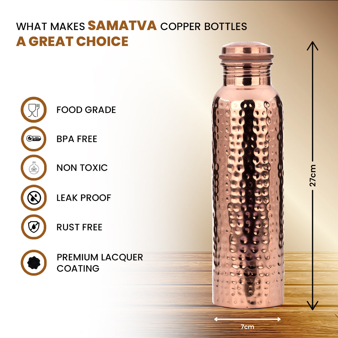 "Prithvi" Hammered Copper Water Bottle - 950 ml BPA Free- Join Free and Leak Proof