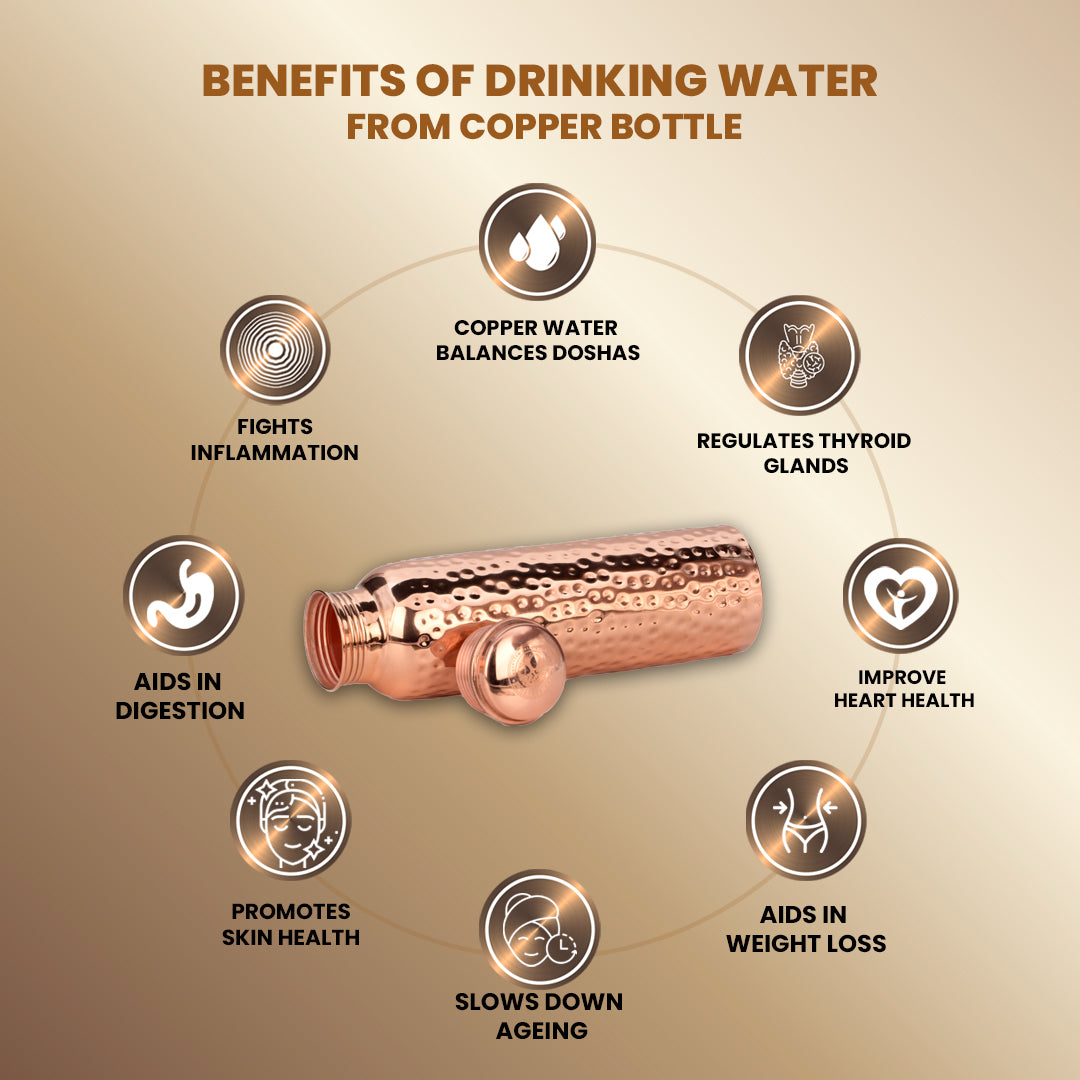 "Prithvi" Hammered Copper Water Bottle - 950 ml BPA Free- Join Free and Leak Proof